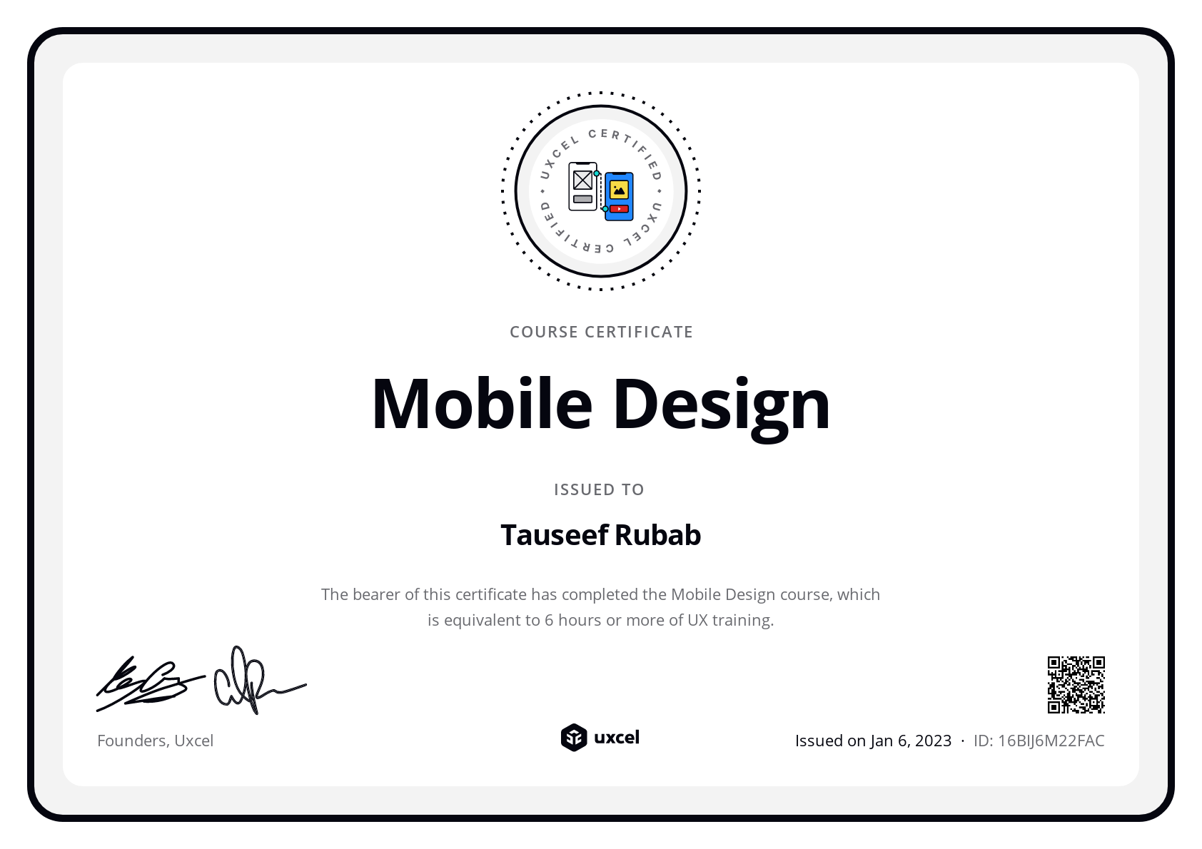 Tauseef Rubab's certificate